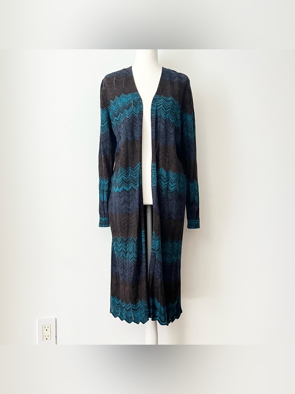 Soft Surroundings Women's Long Knit Cardigan Sweater S Petite Blue Brown Chevron